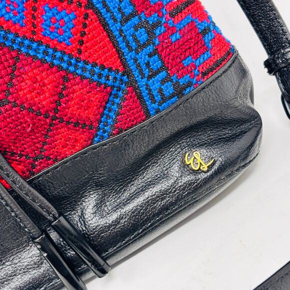 Leather Boho Aztec Western Embroidered Crossbody Bucket Bag Elliott Lucca Black - Picture 4 of 16